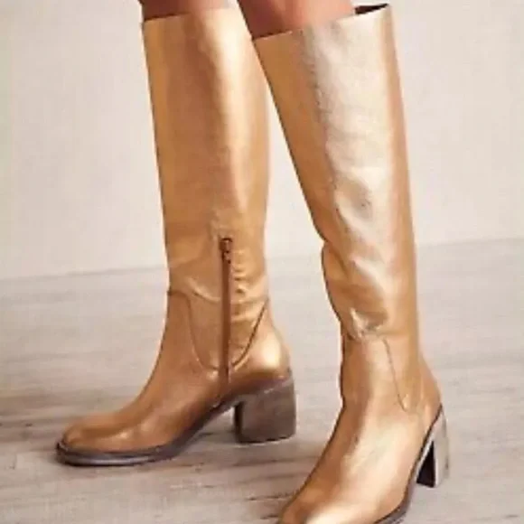 Free People Essential Tall Boot Inside Zipper Gold Metallic Leather - Picture 4 of 11